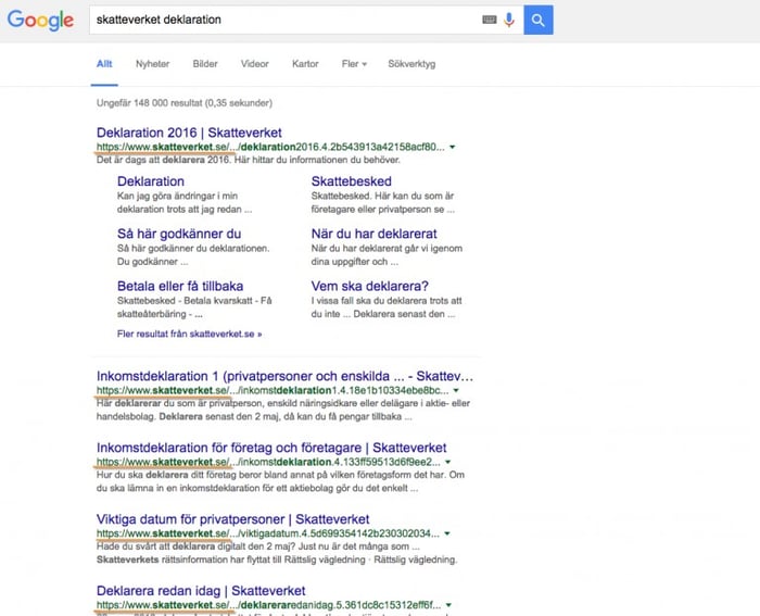 Google search performed for skatteverket declaration (Swedish Tax authority)